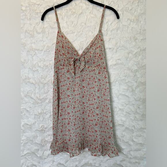 Altar’d State Women's Floral Ruffle Mini Dress Size Medium Tie-Front Beige Red - Picture 1 of 11